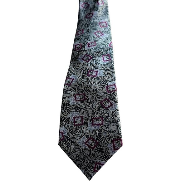 John Weitz 100% Silk Wedding Formal Event NeckTie Abstract Black Silver Plum - Picture 2 of 6